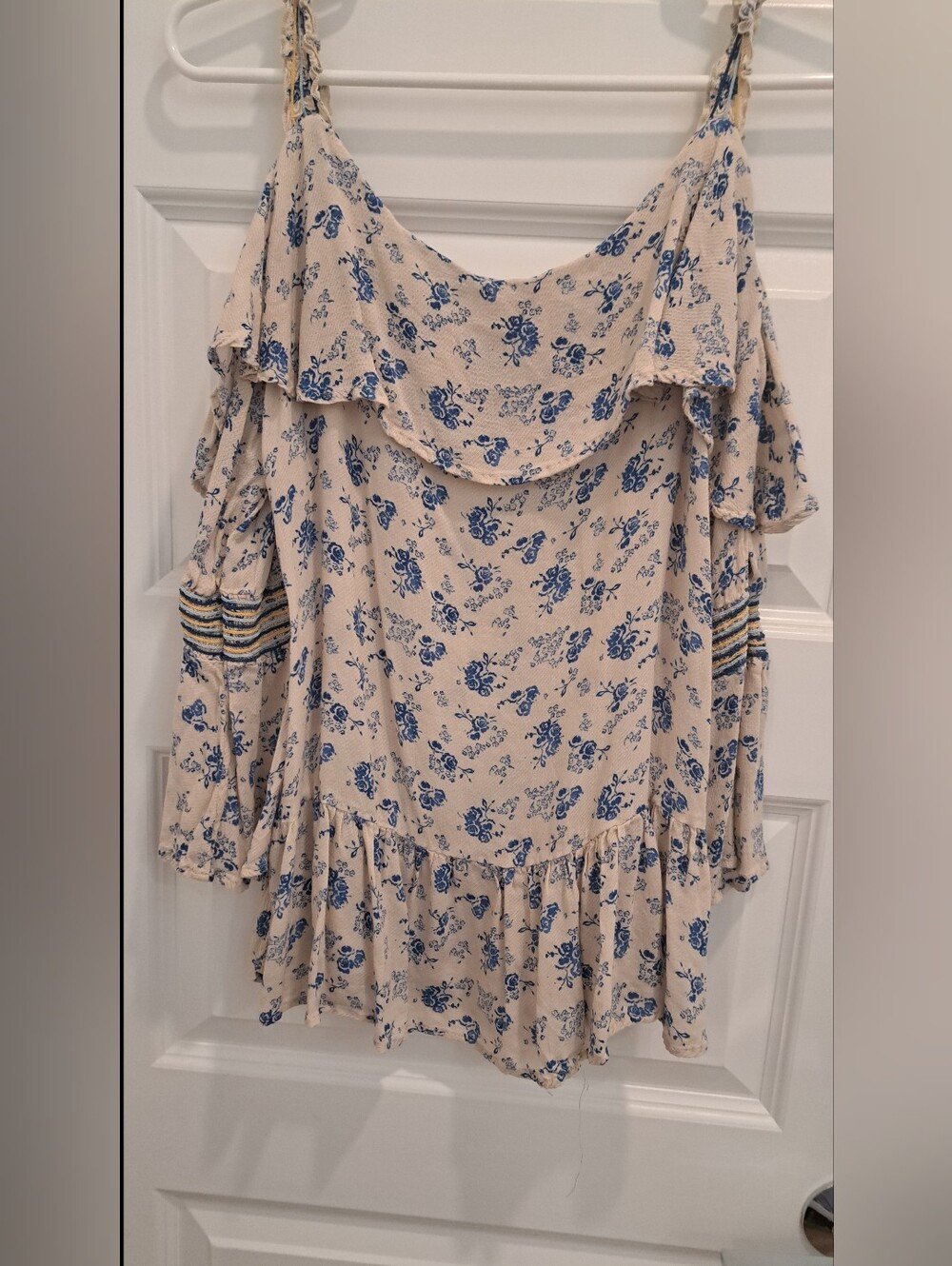 Democracy Cream Floral Cold-Shoulder Tank Top with Blue Print